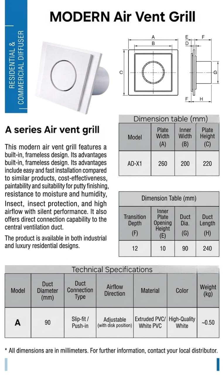 Ventilation grille technical specification sheet, page 1